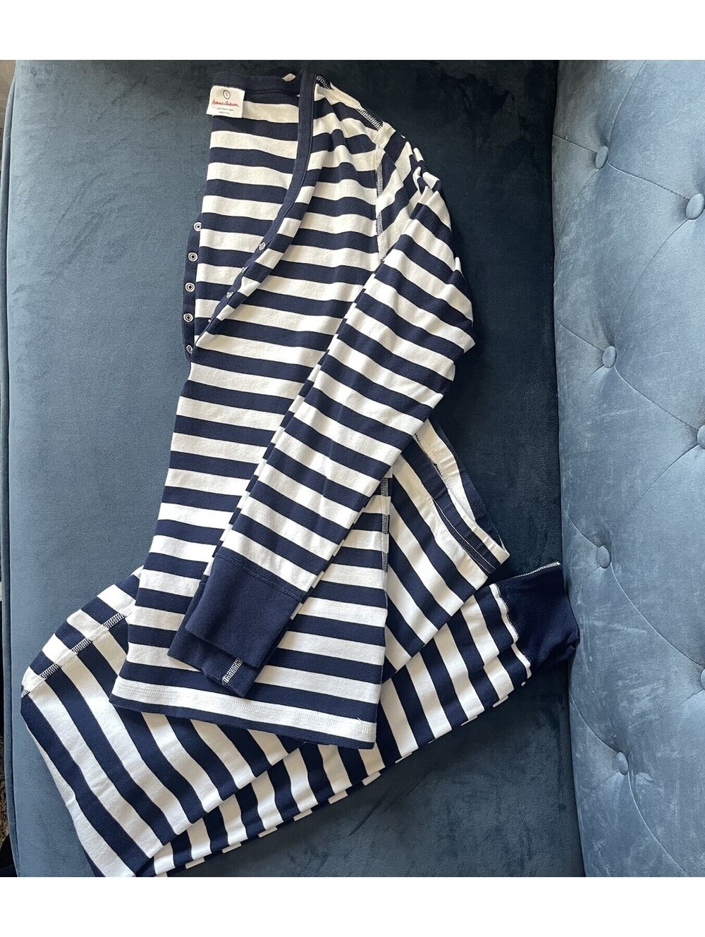 Hanna Andersson Pajama Set L Blue White Striped 100% Organic Cotton Peru Sleep - Picture 2 of 10